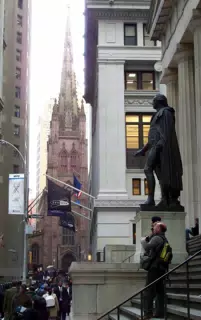 Upper Wall Street with Trinity Church and Federal Hall
