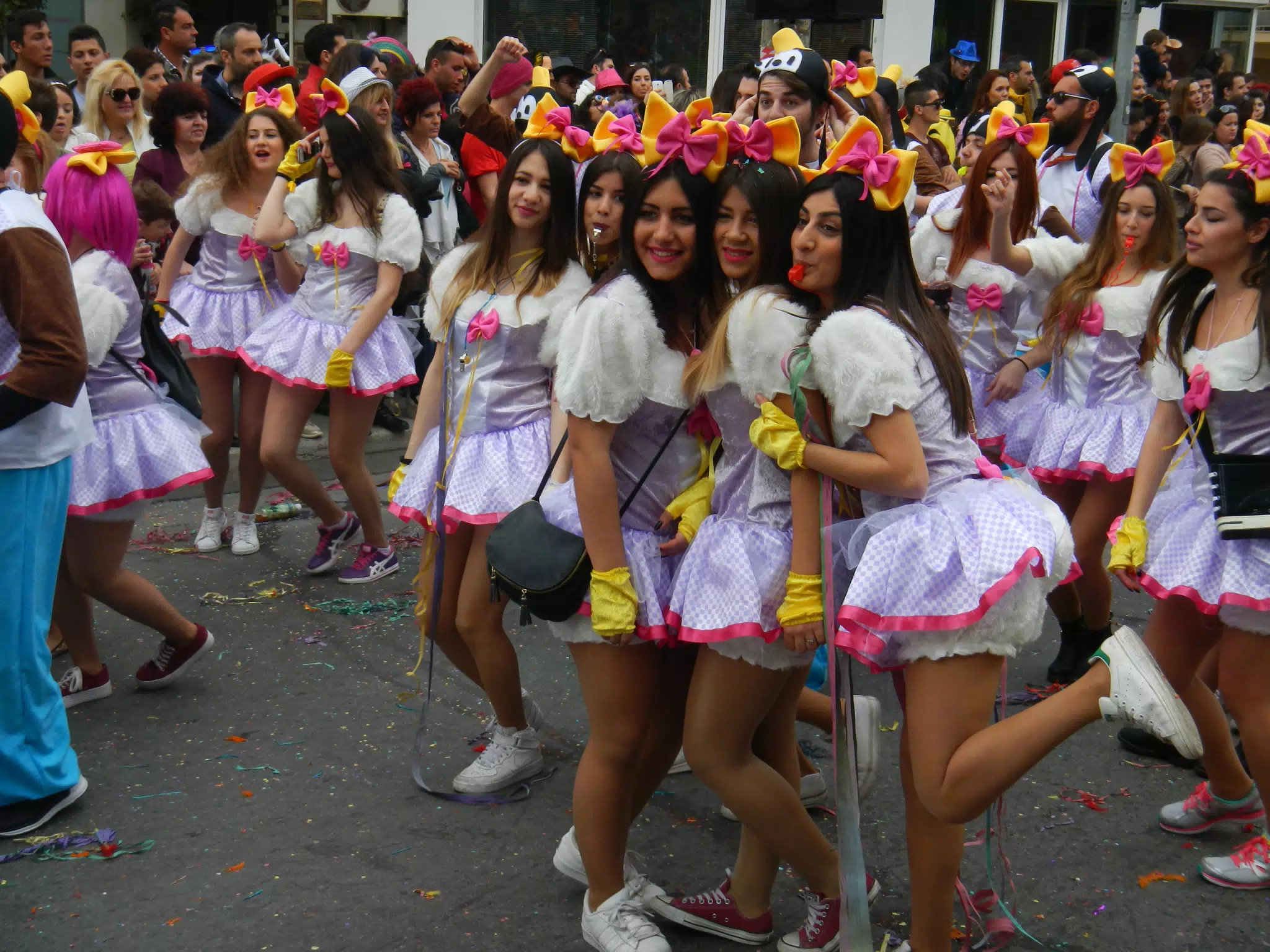 Girls Stopping to Pose in Rethymno Carnival Parade