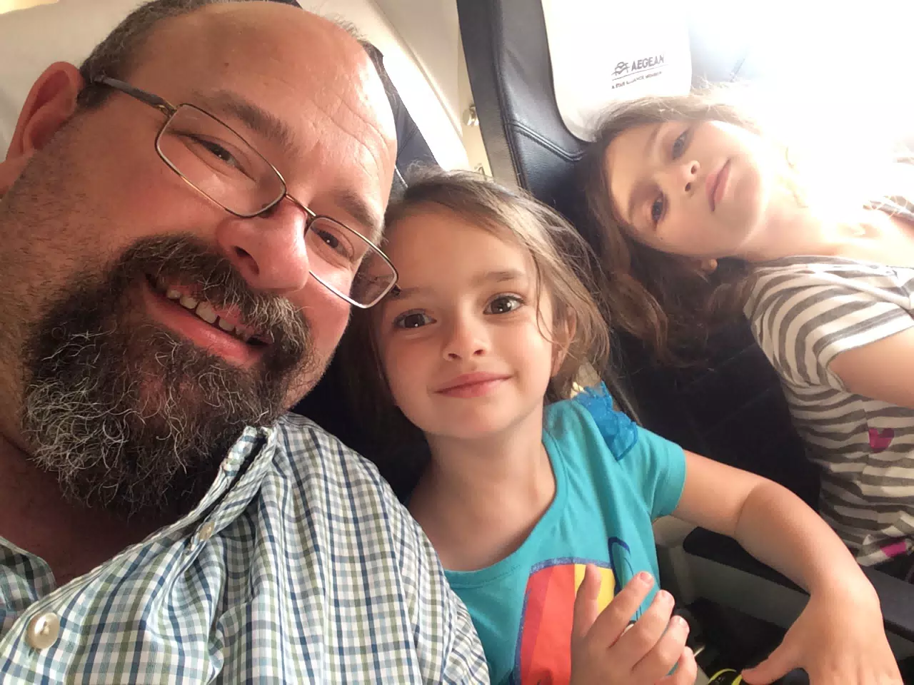 Scott, Luciana & Liesl on Ægean Flight from Athens to Romania
