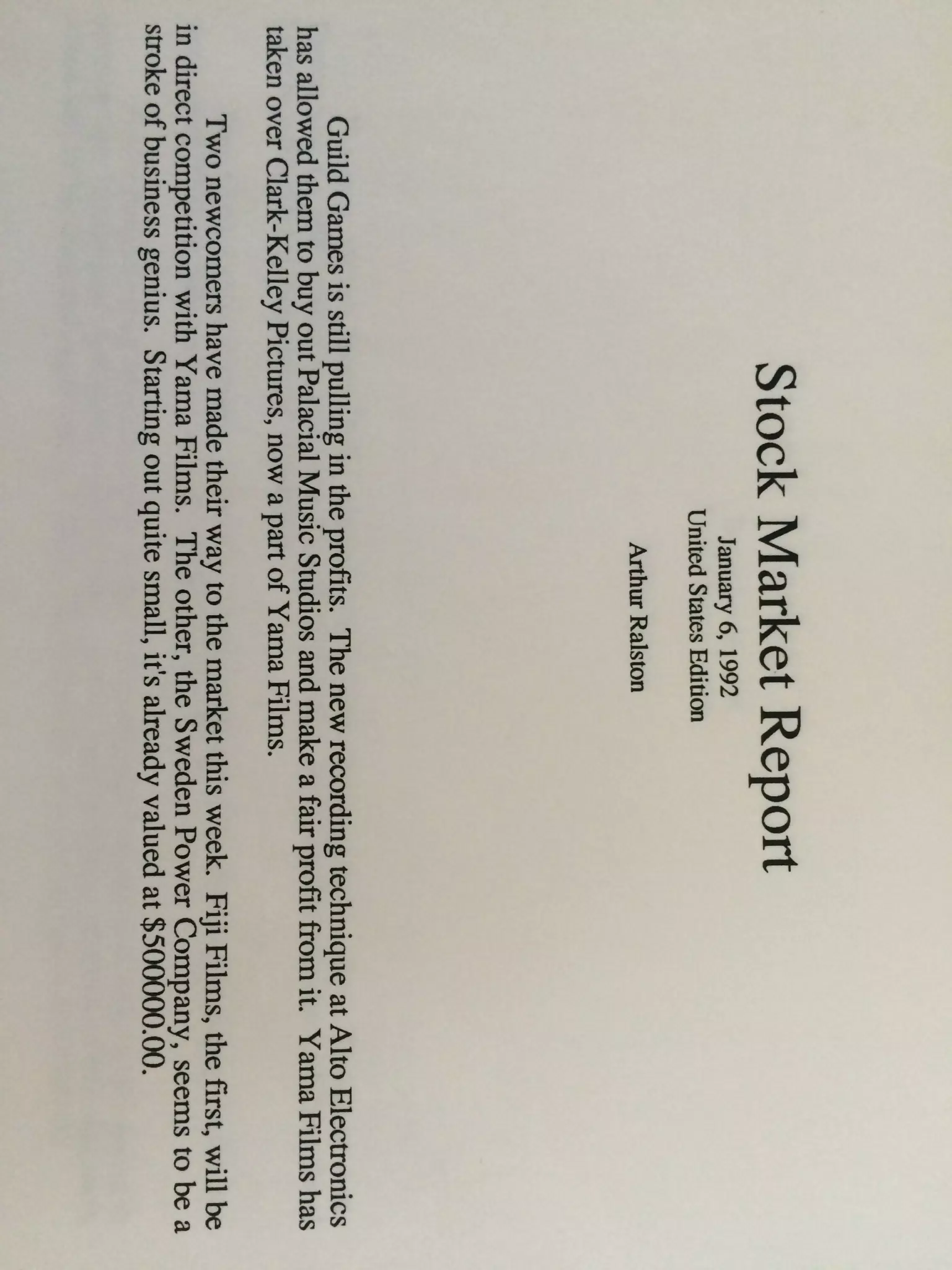 Stock Market Report: The Game by Art Ralston, 1992
