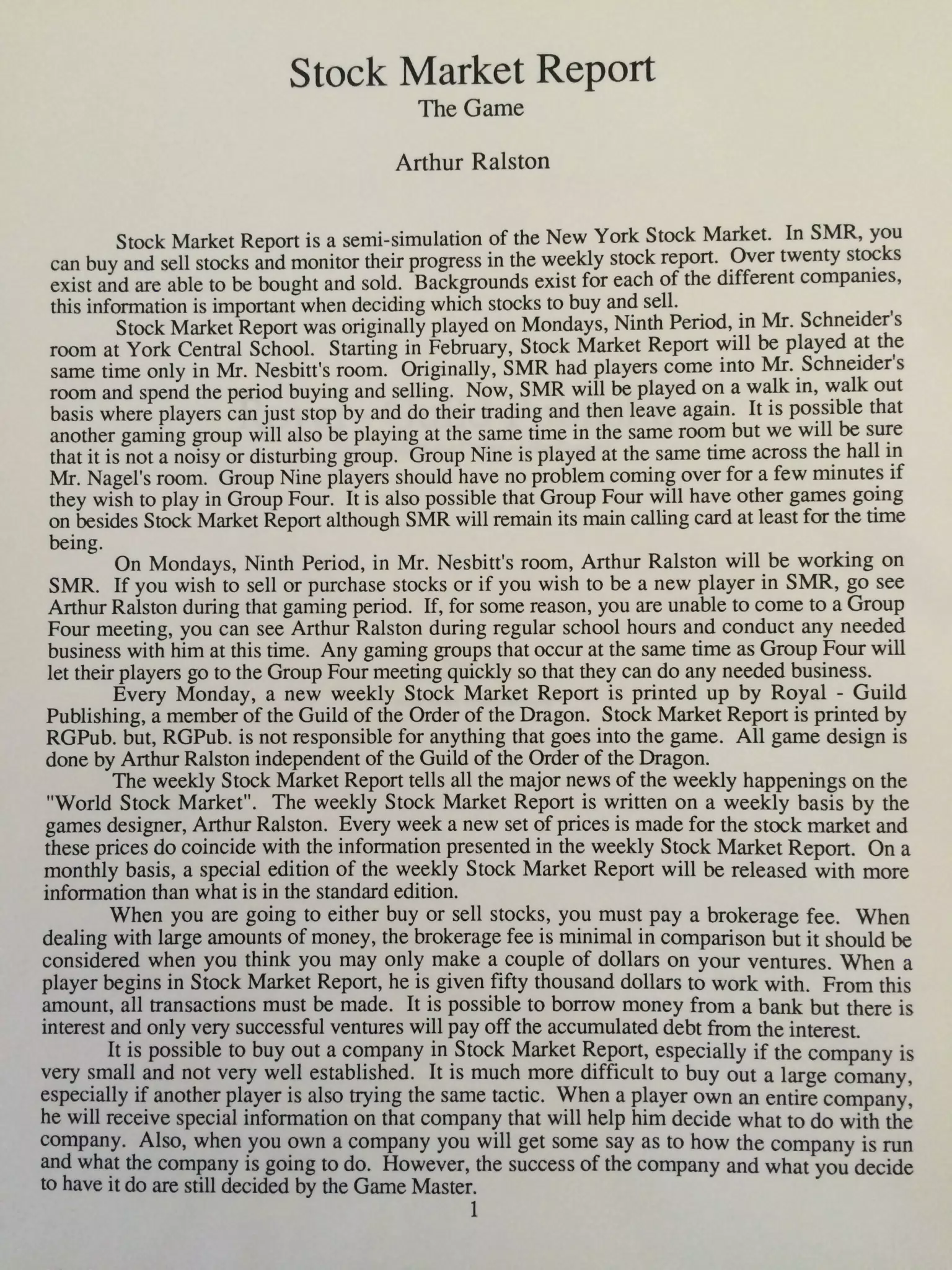 Stock Market Report: The Game by Art Ralston, 1992