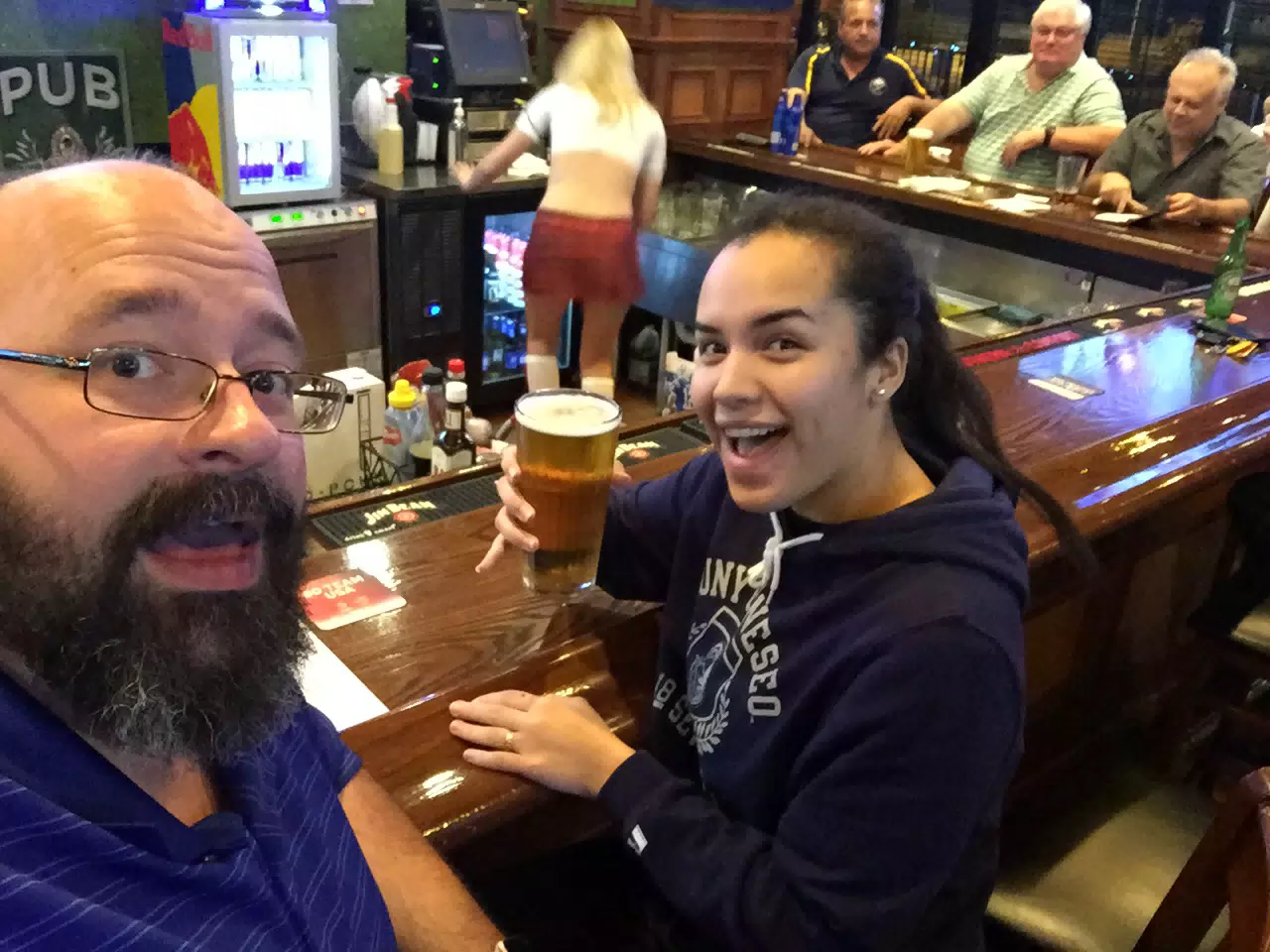 Maggie and Scott with Beer at the Tilted Kilt
