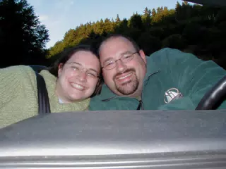 Dominica Miller and Scott Alan Miller in the Camaro in the Cape Breton Highlands
