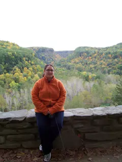 Dominica Miller in front of Letchworth Gorge, Letworth State Park, New York in Autumn