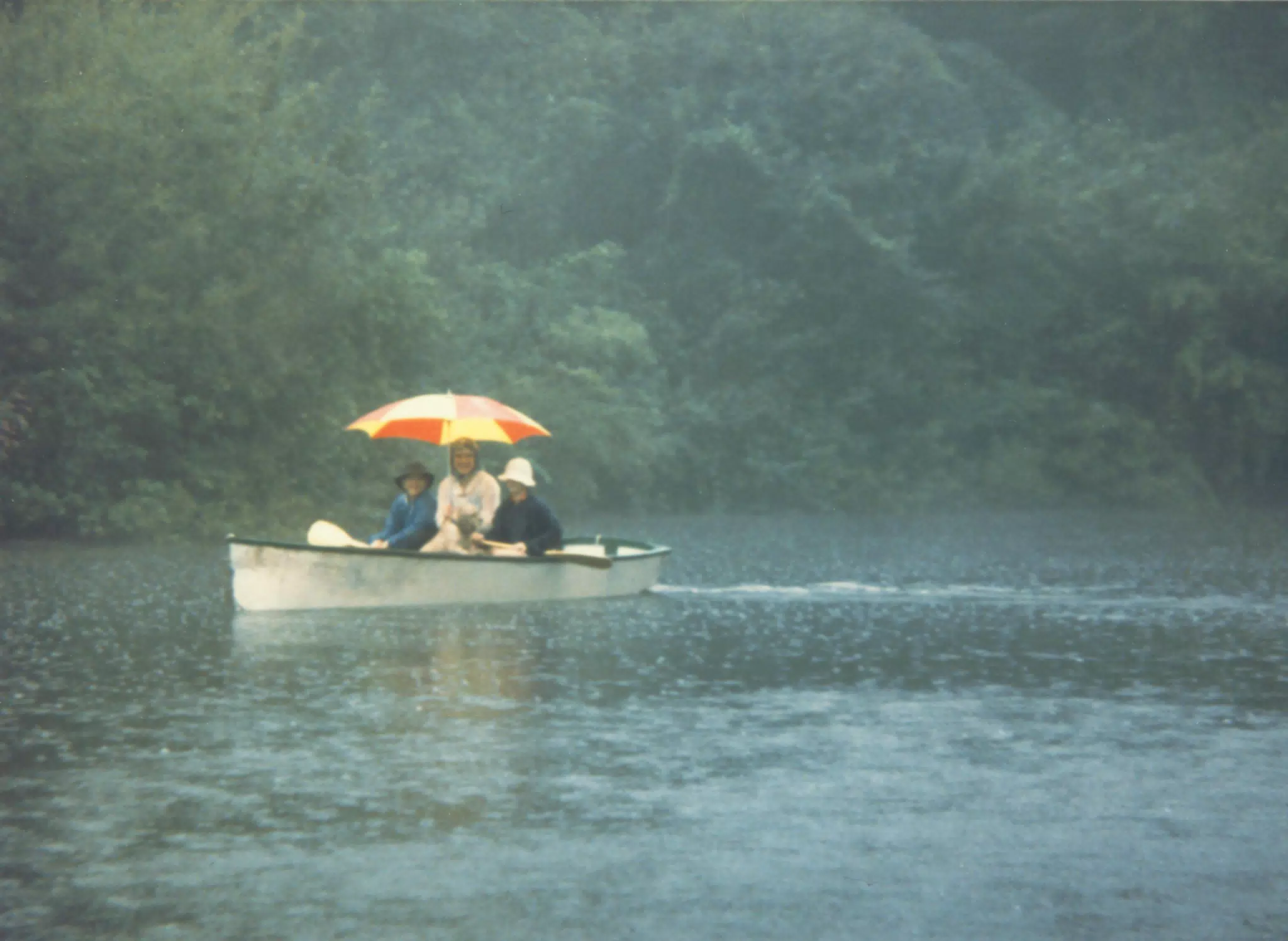 Scott Alan Miller, Karen Miller, Jonathan Stagno and Buffer in Rowboat in Rain
