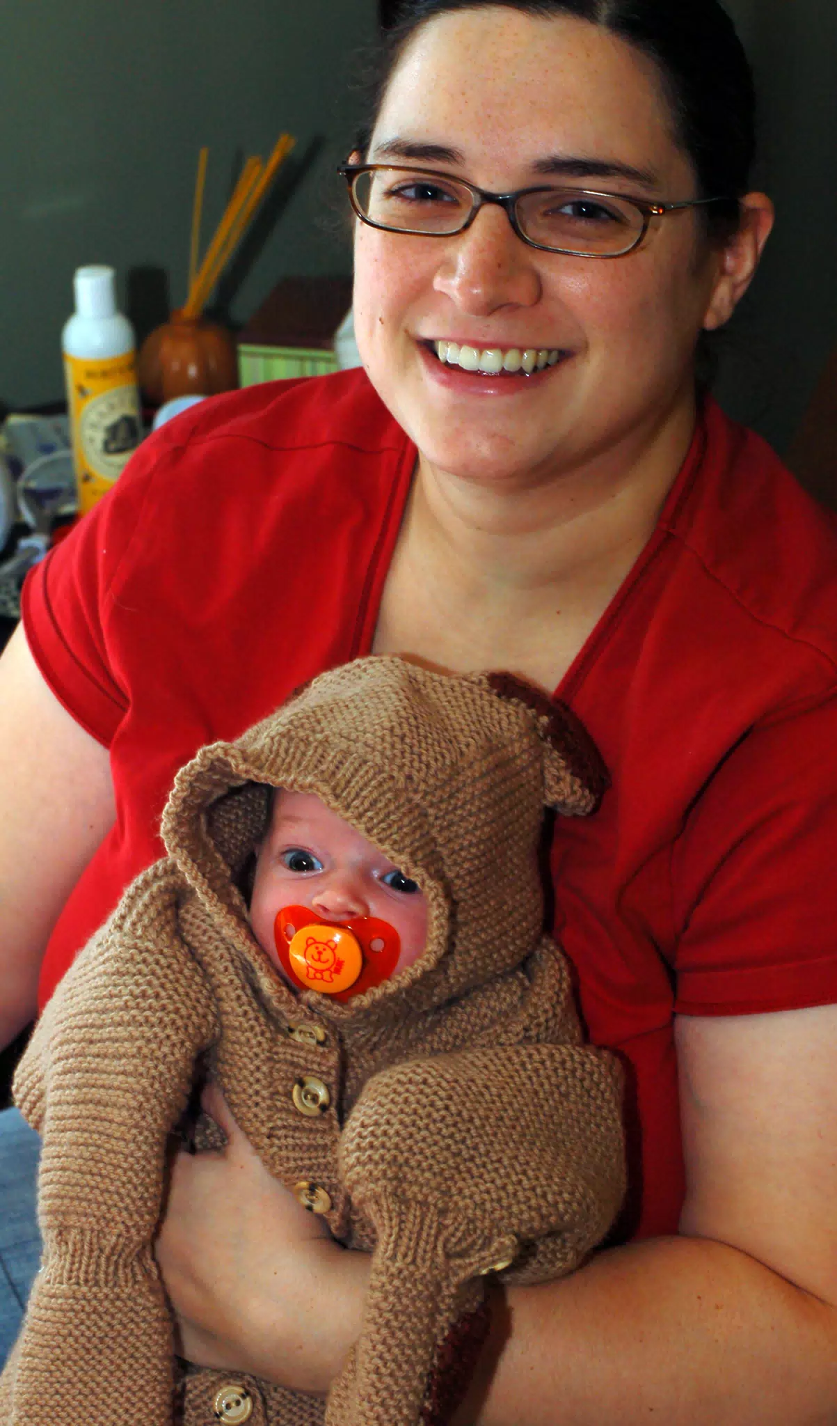 Dominica Holding Liesl in Bear Costume
