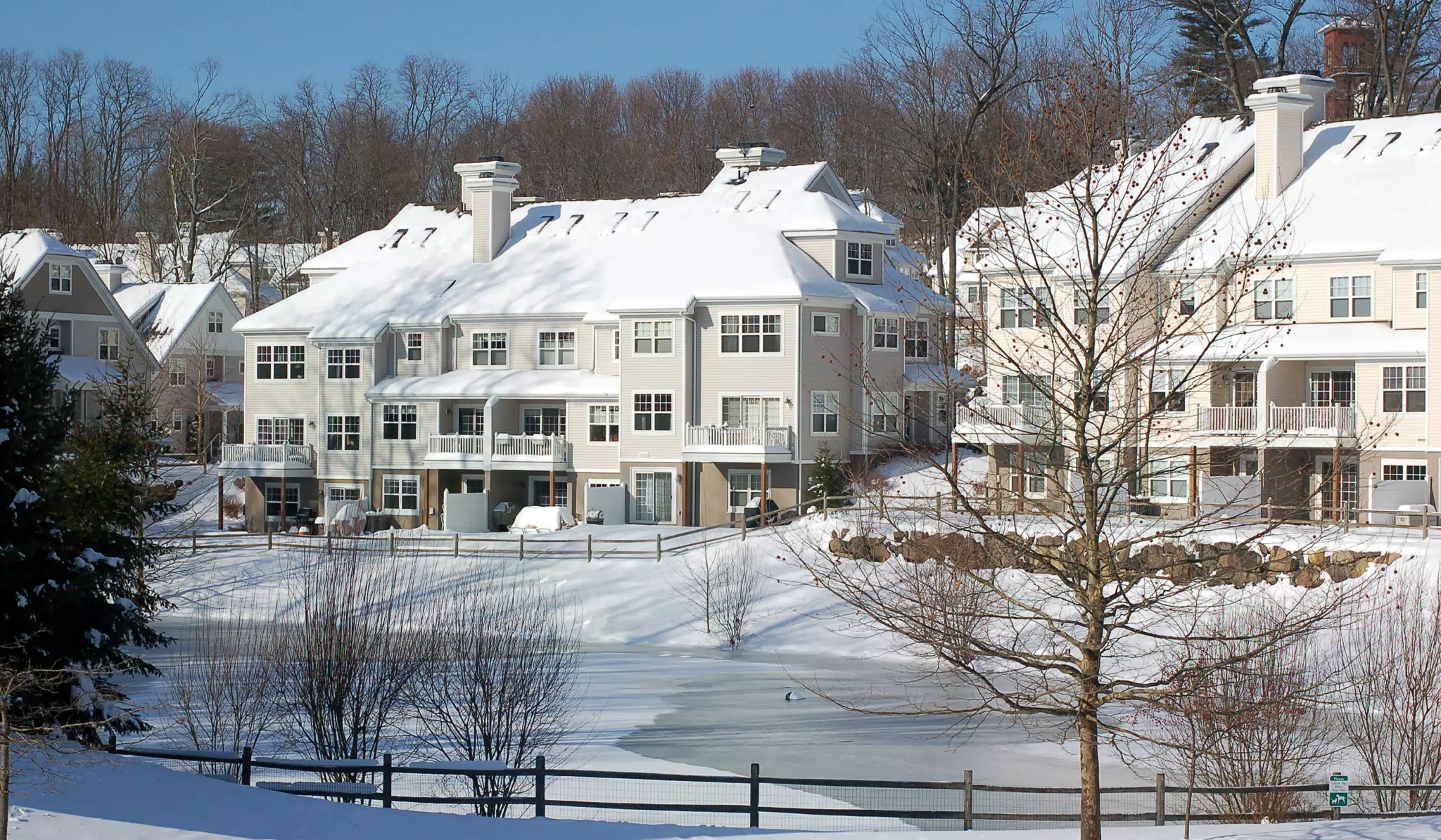 Chapel Hill Hillside Houses and Pond in Snow