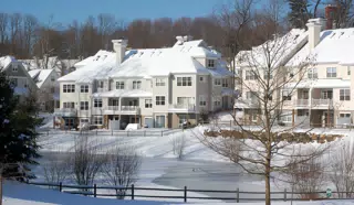 Chapel Hill Hillside Houses and Pond in Snow