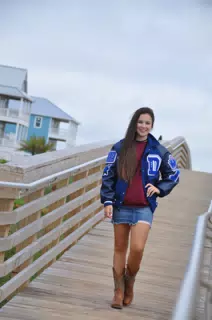 Emily on Galveston Boardwalk in Jean Skirt and Boots