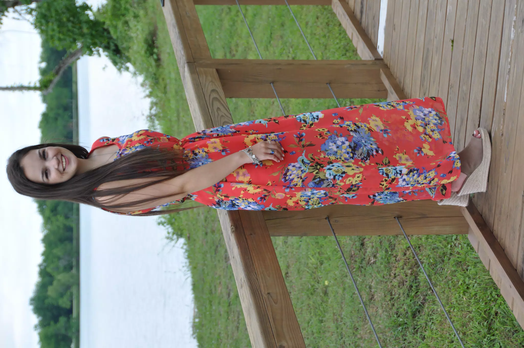 Emily Modeling Red Dress on Overcast Day