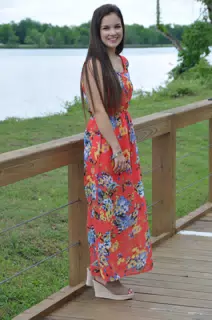 Emily Modeling Red Dress on Overcast Day