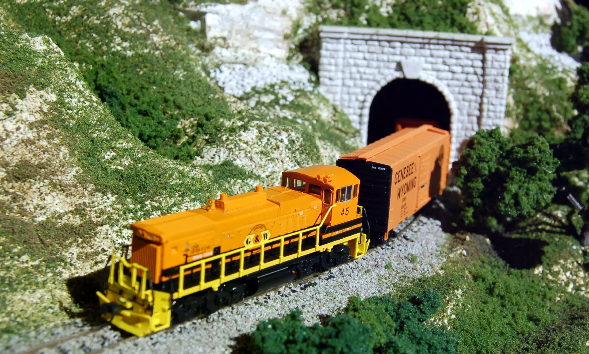 Genesee and Wyoming MP15DC RN45 Pulling Rolling Stock from Tunnel