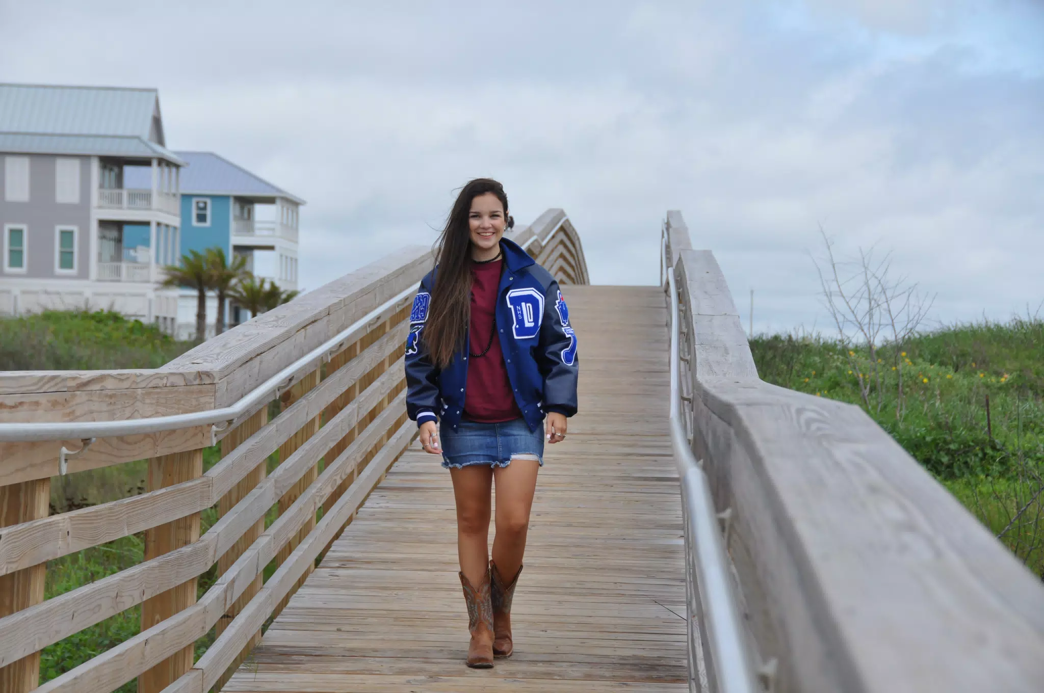 Emily in Denim Skirt on Boardwalk on Galveston Beach