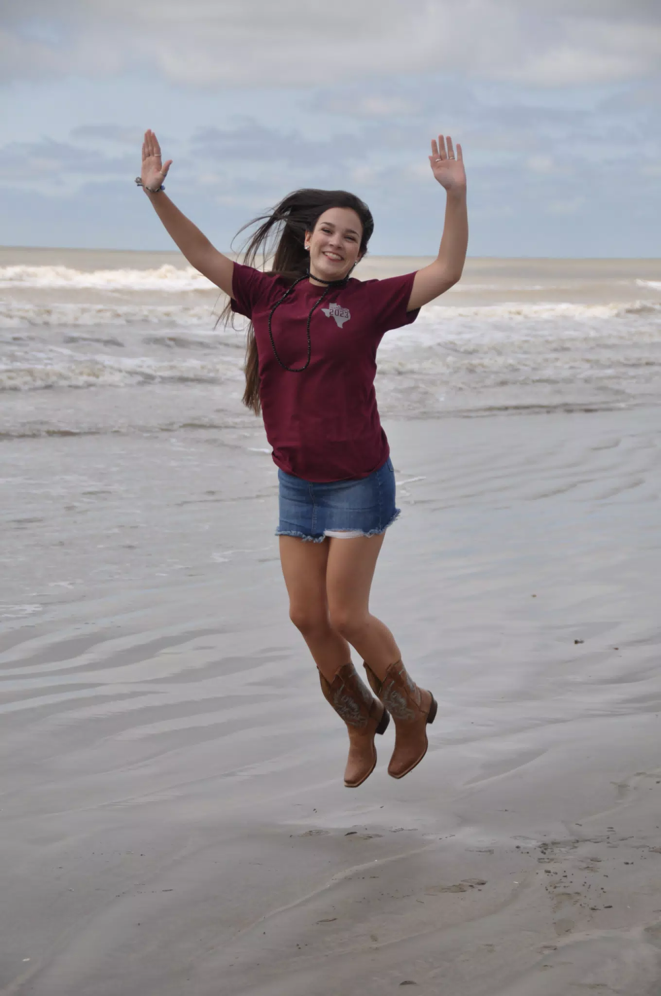 Jumping Brunette Teen Model on Beach