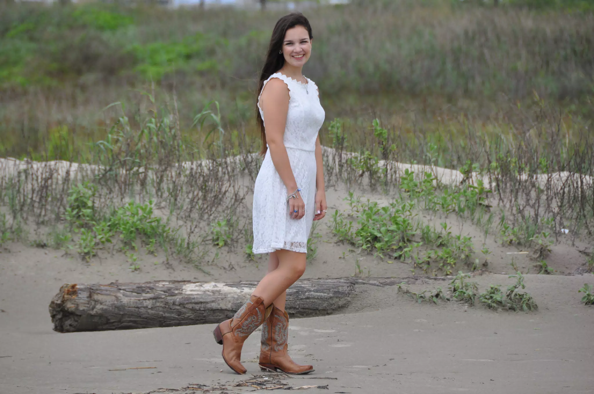Emily in White Dress on Galveston Beach, Texas