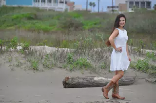 Emily in White Dress & Cowgirl Boots on Galveston Beach, Texas