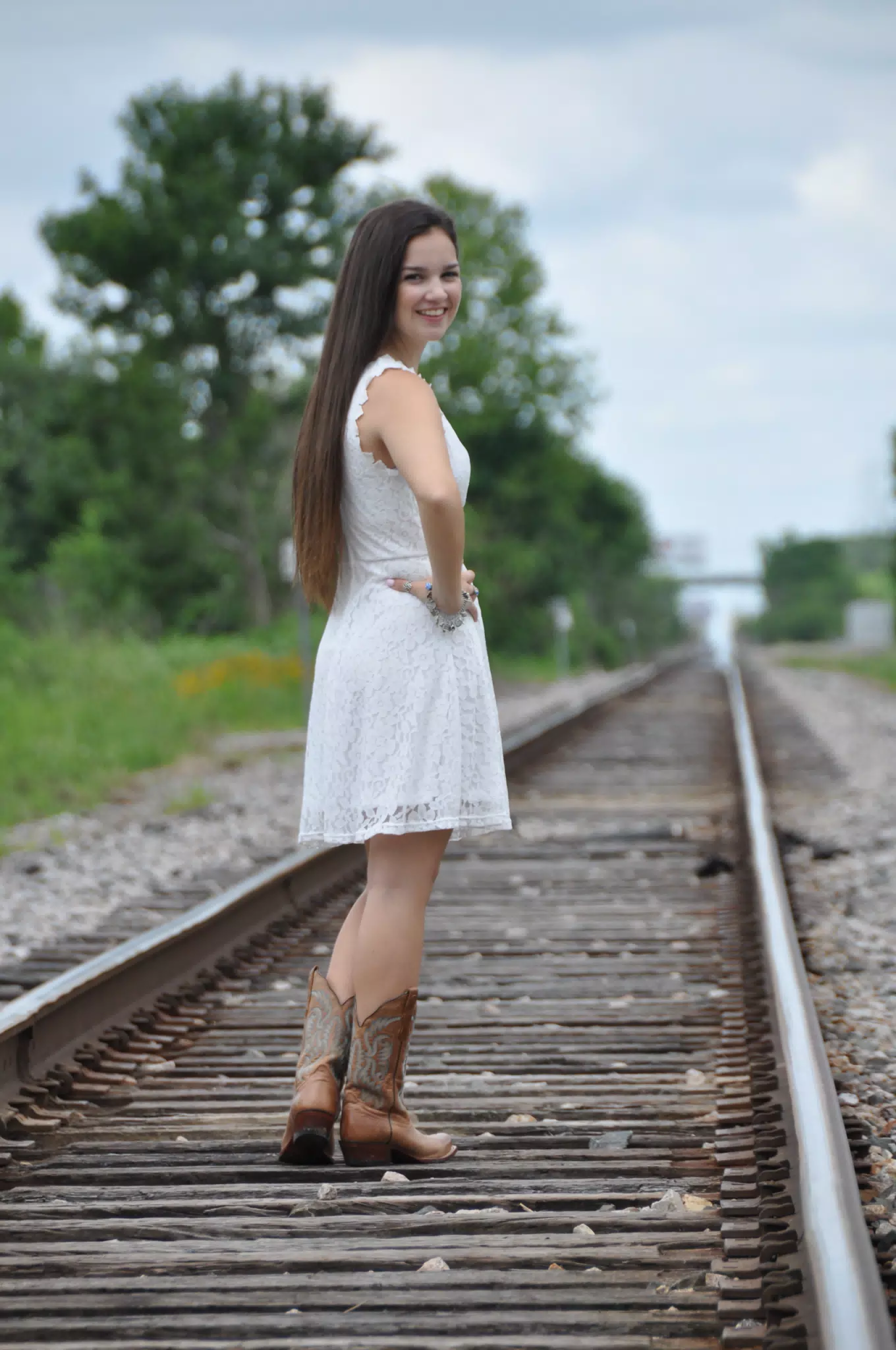 Emily Modeling on Railroad Tracks