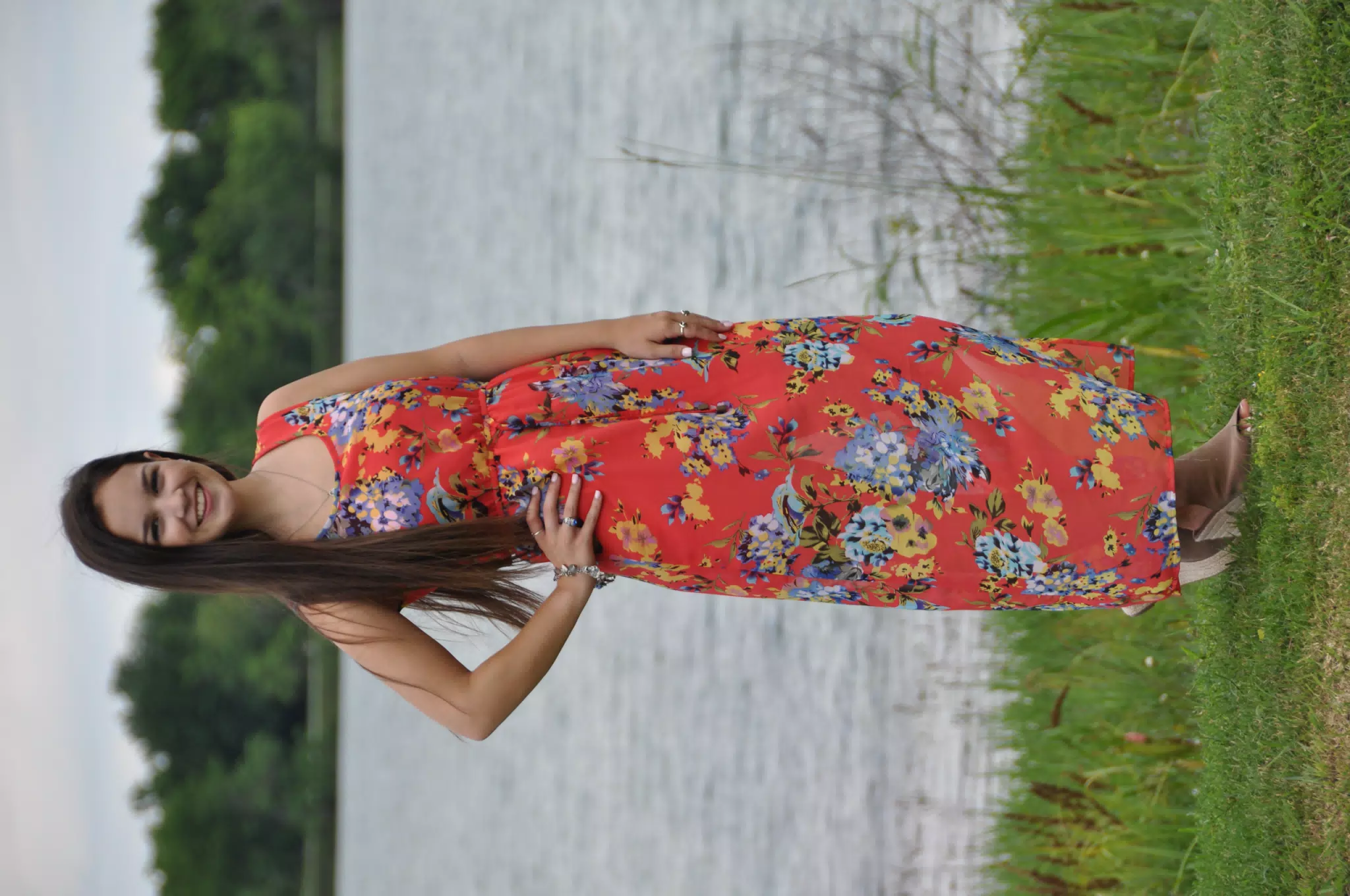 Brunette in Red Dress by Pond in Texas