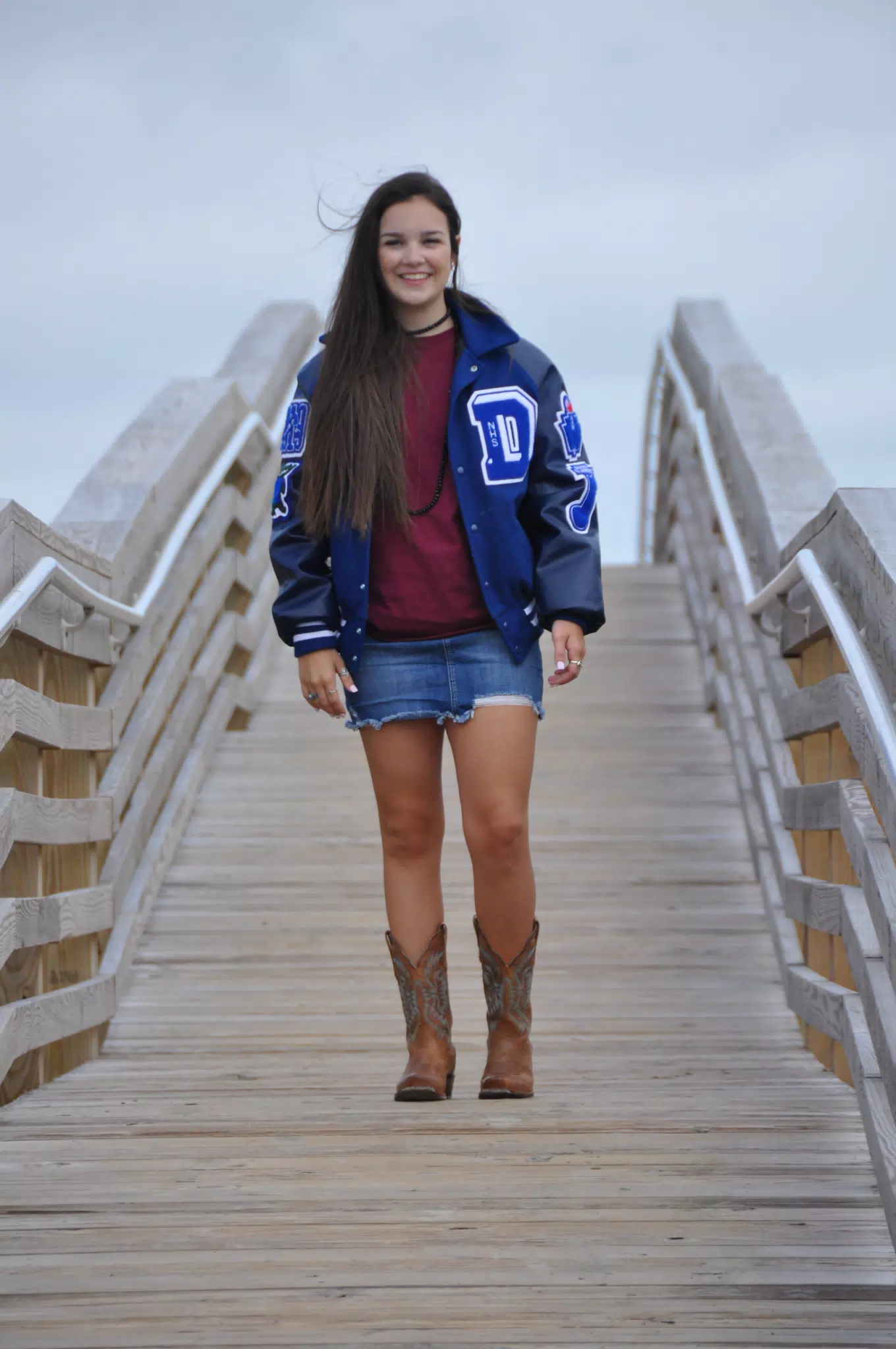 Emily on the Galveston Beach Boardwalk in Jean Skirt and Cowgirl Boots