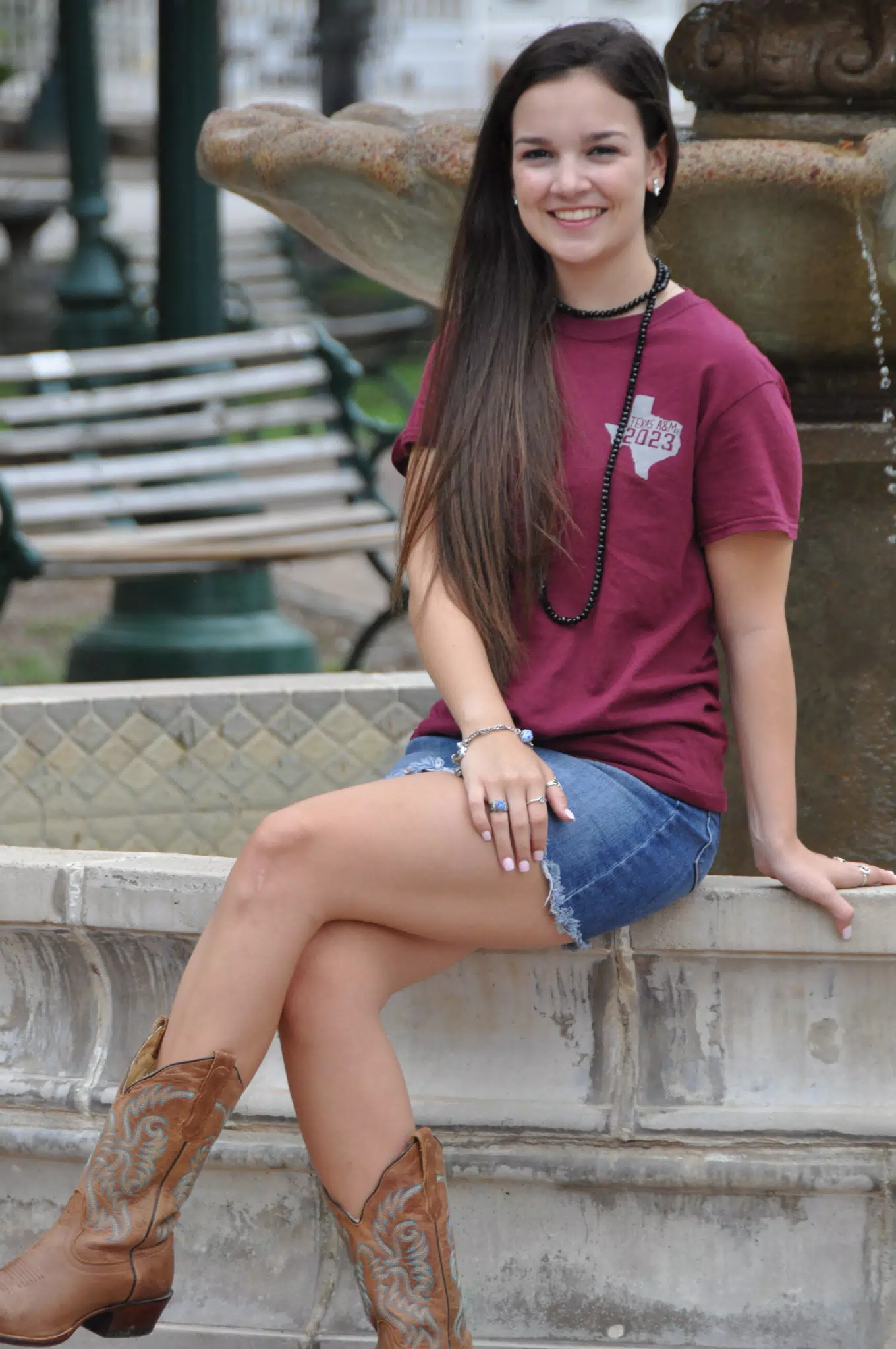 Emily in Denim Skirt on Fountain