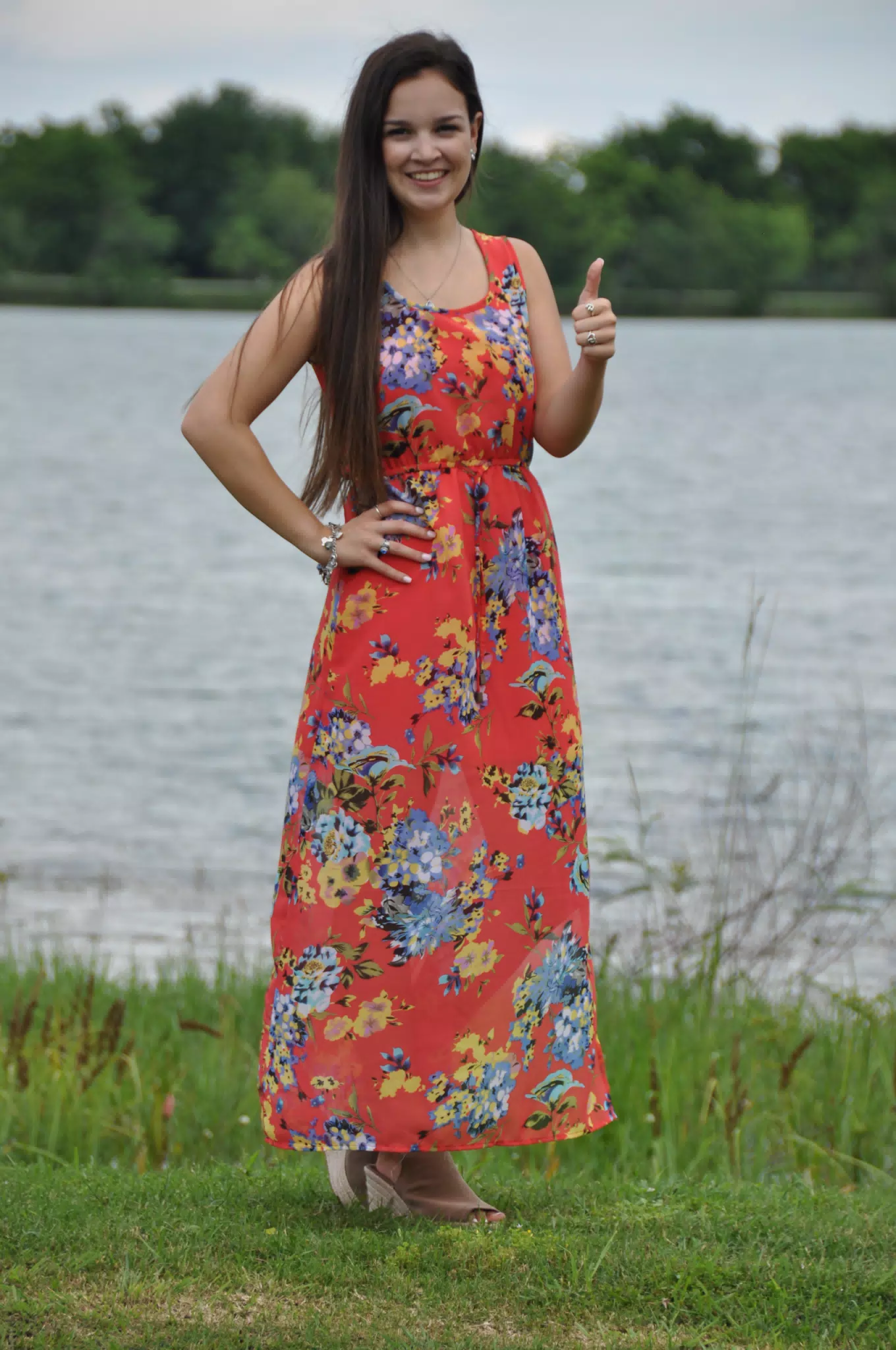 Red Dress Young Model Thumbs Up Long Hair Brunette