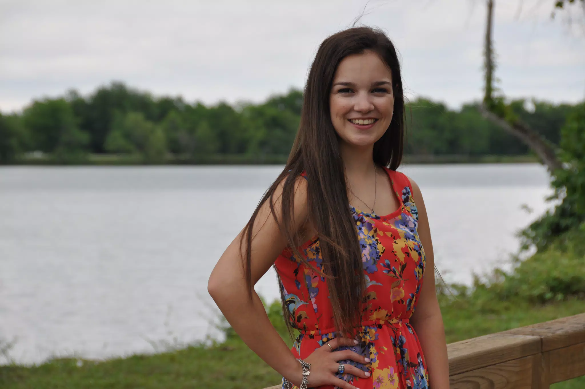 Emily in Floral Red Dress by Lake