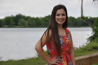 Emily in Floral Red Dress by Lake