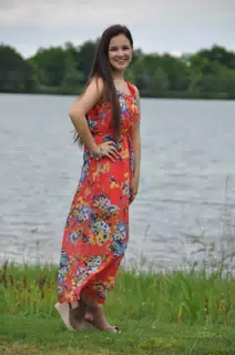 Brunette Modeling Red Dress by Texas Pond in Wedge Heels