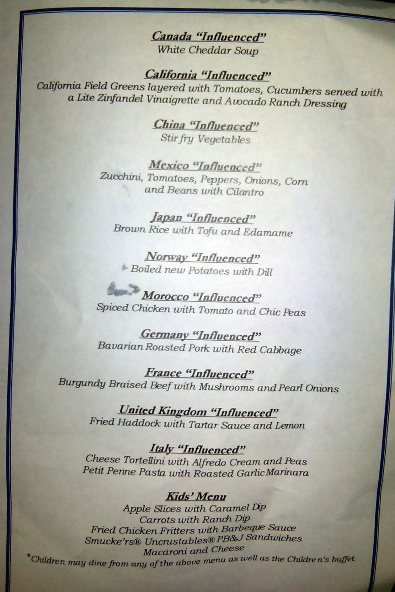 Grand Gathering International Dinner Menu