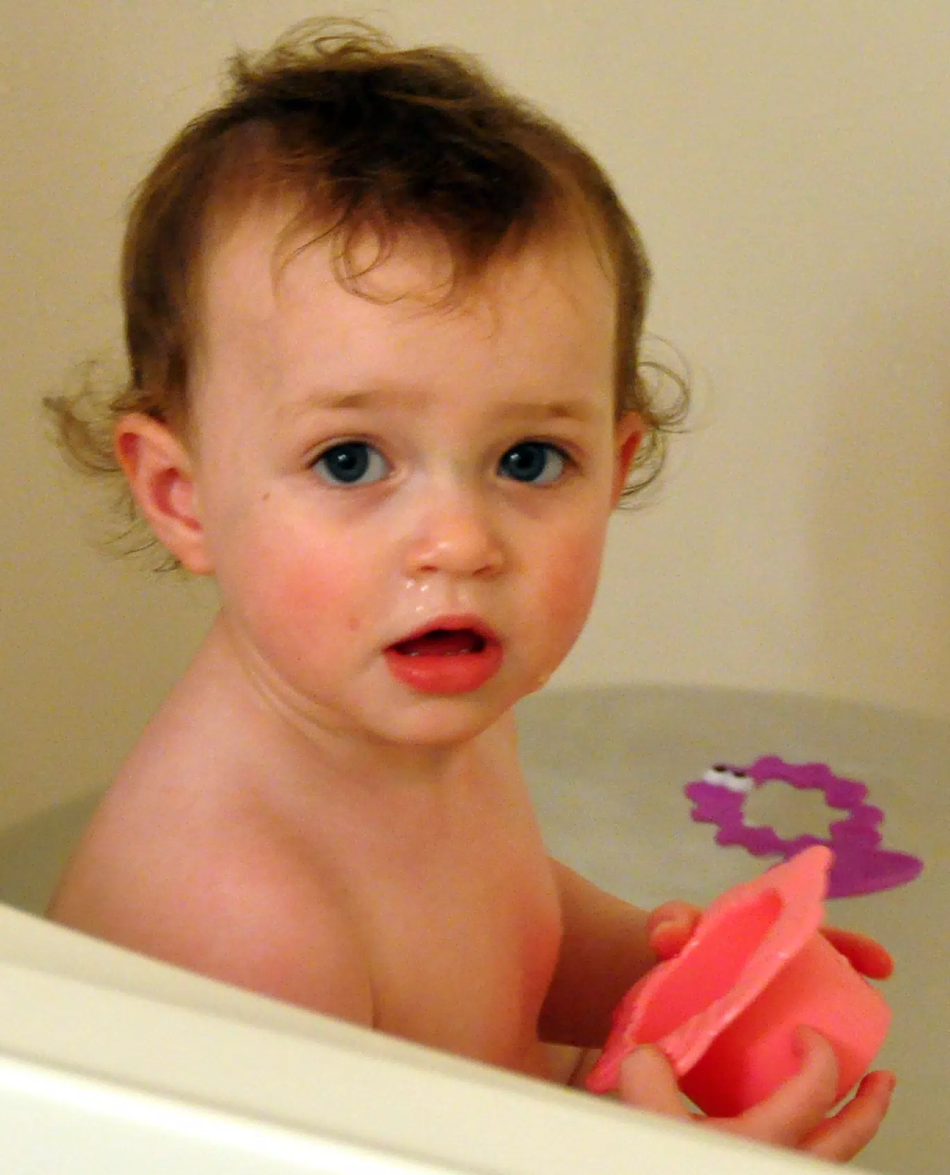 Liesl in Bath with Pink Cup