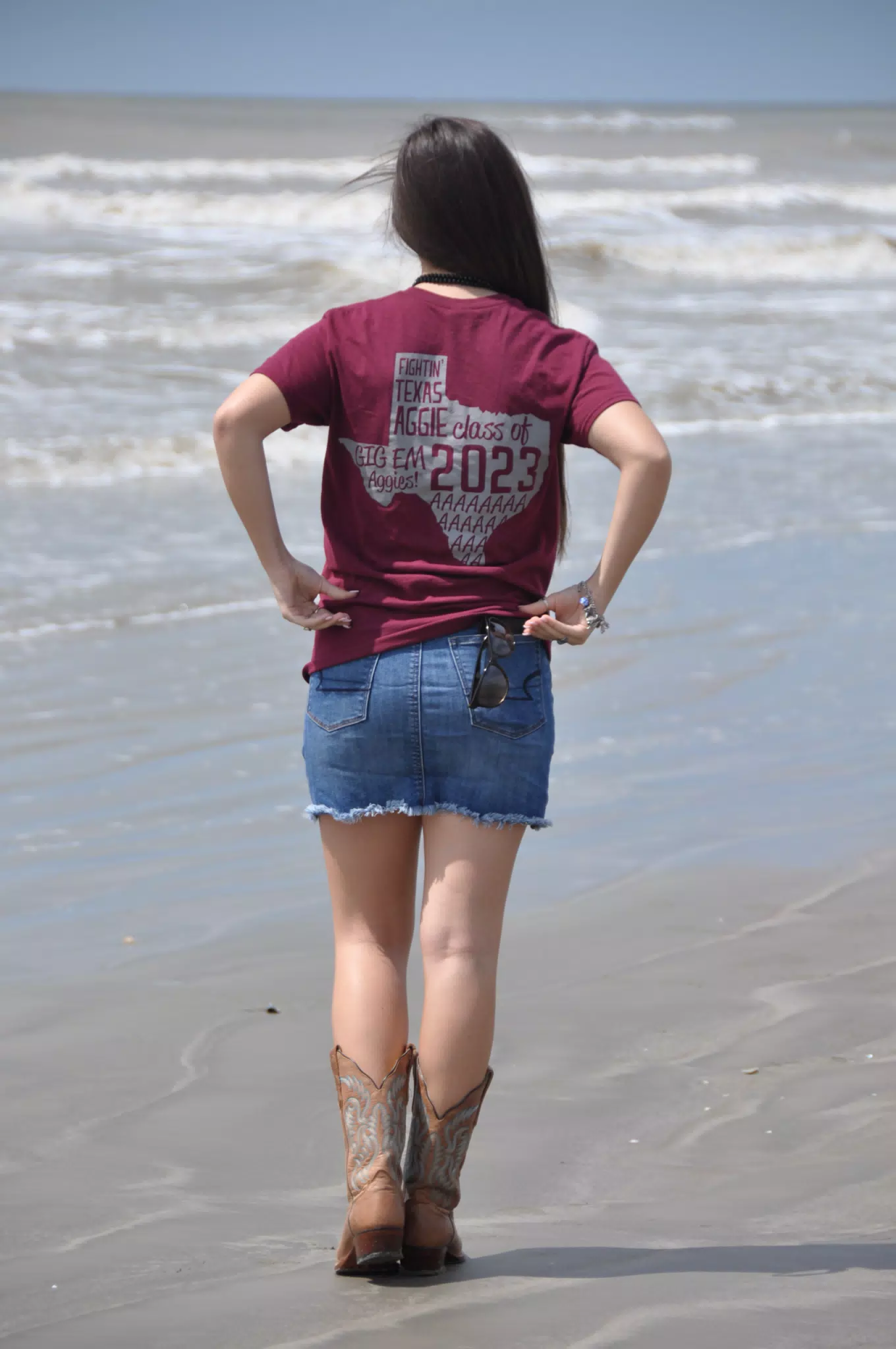 Emily in Denim Skirt on Galveston Beach