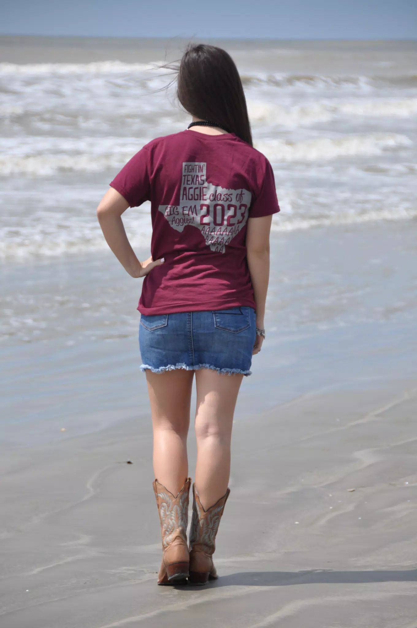 Emily on Galveston Beach in Boots and Skirt, Aggies