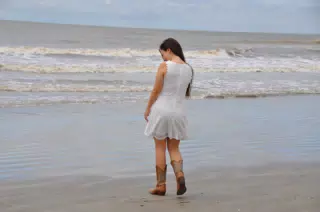 Emily in White Dress & Cowgirl Boots on Galveston Beach