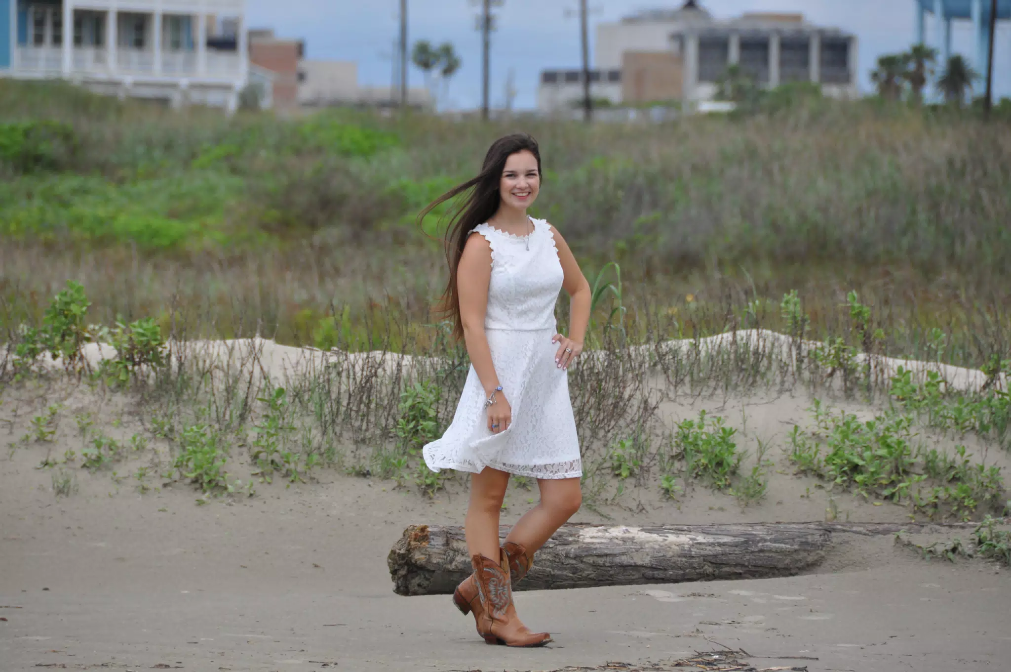 Emily in White Dress on Galveston Beach, Texas
