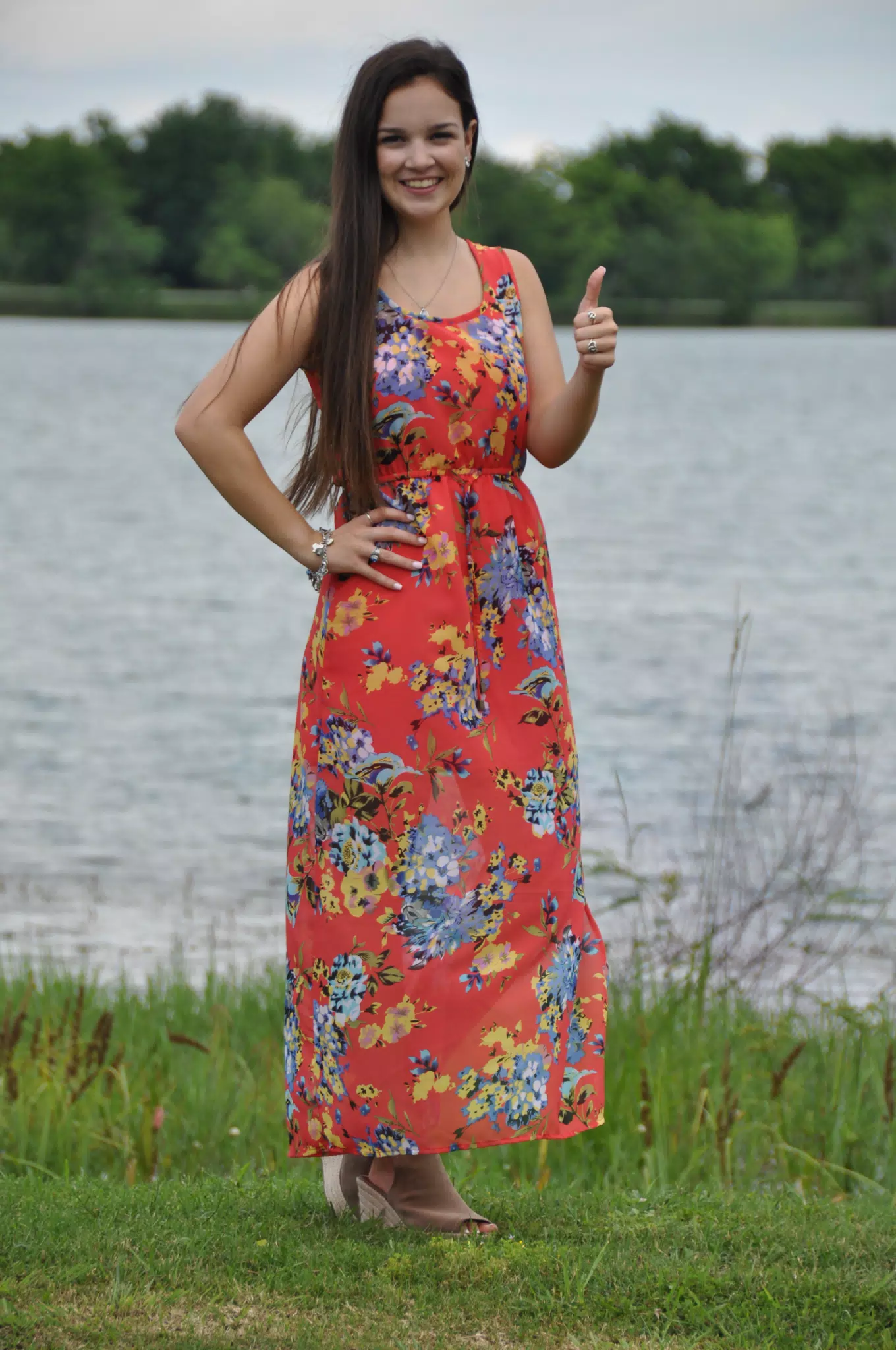 Emily Modeling in Red Dress by Pond