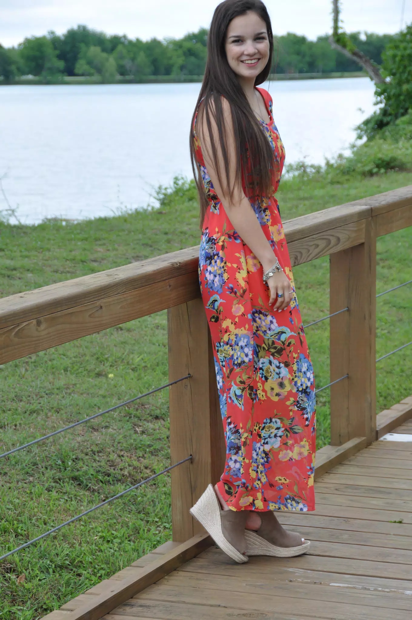 Teen Model in Red Dress by Pond