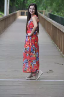 Long Haired Brunette Model in Wedges and Red Dress