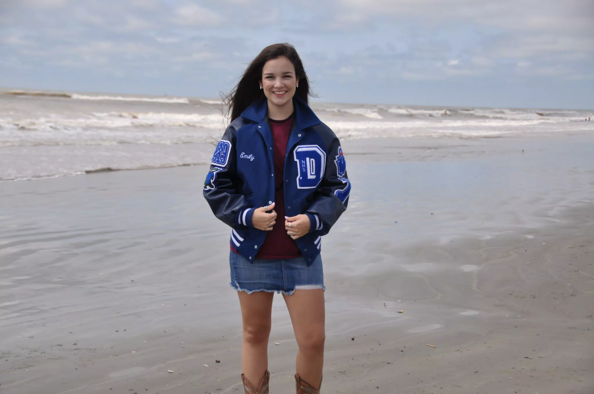 Teen Model on Galveston Beach in Letterman Jacket and Denim Miniskirt