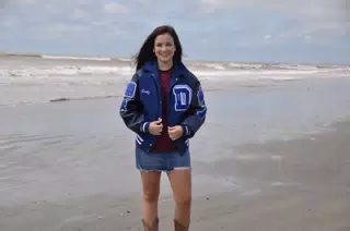 Teen Model on Galveston Beach in Letterman Jacket and Denim Miniskirt