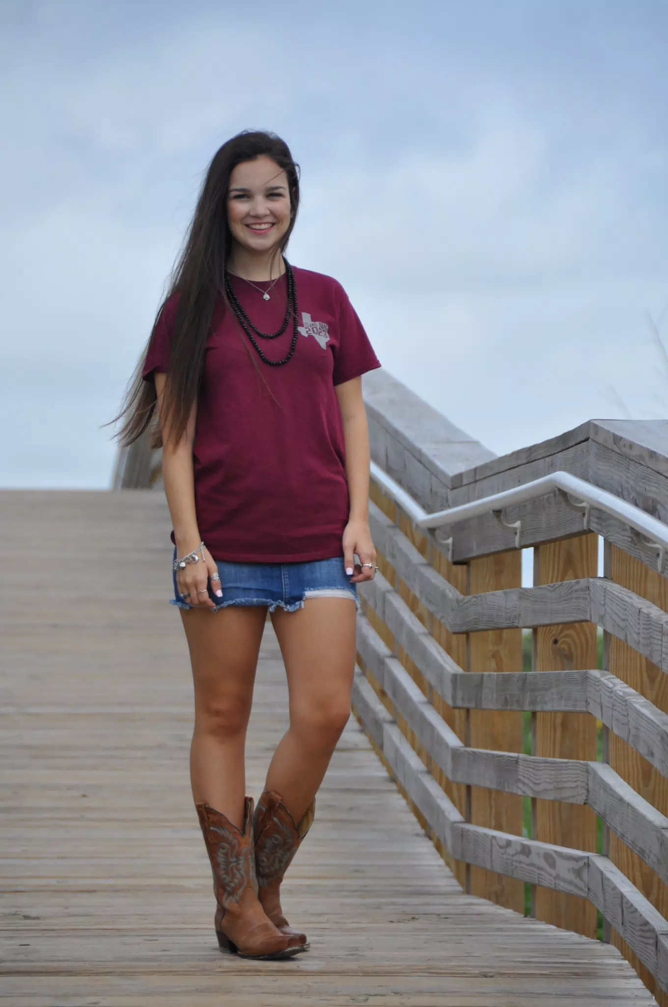 Brunette Teen Model in Jean Skirt on Boardwalk