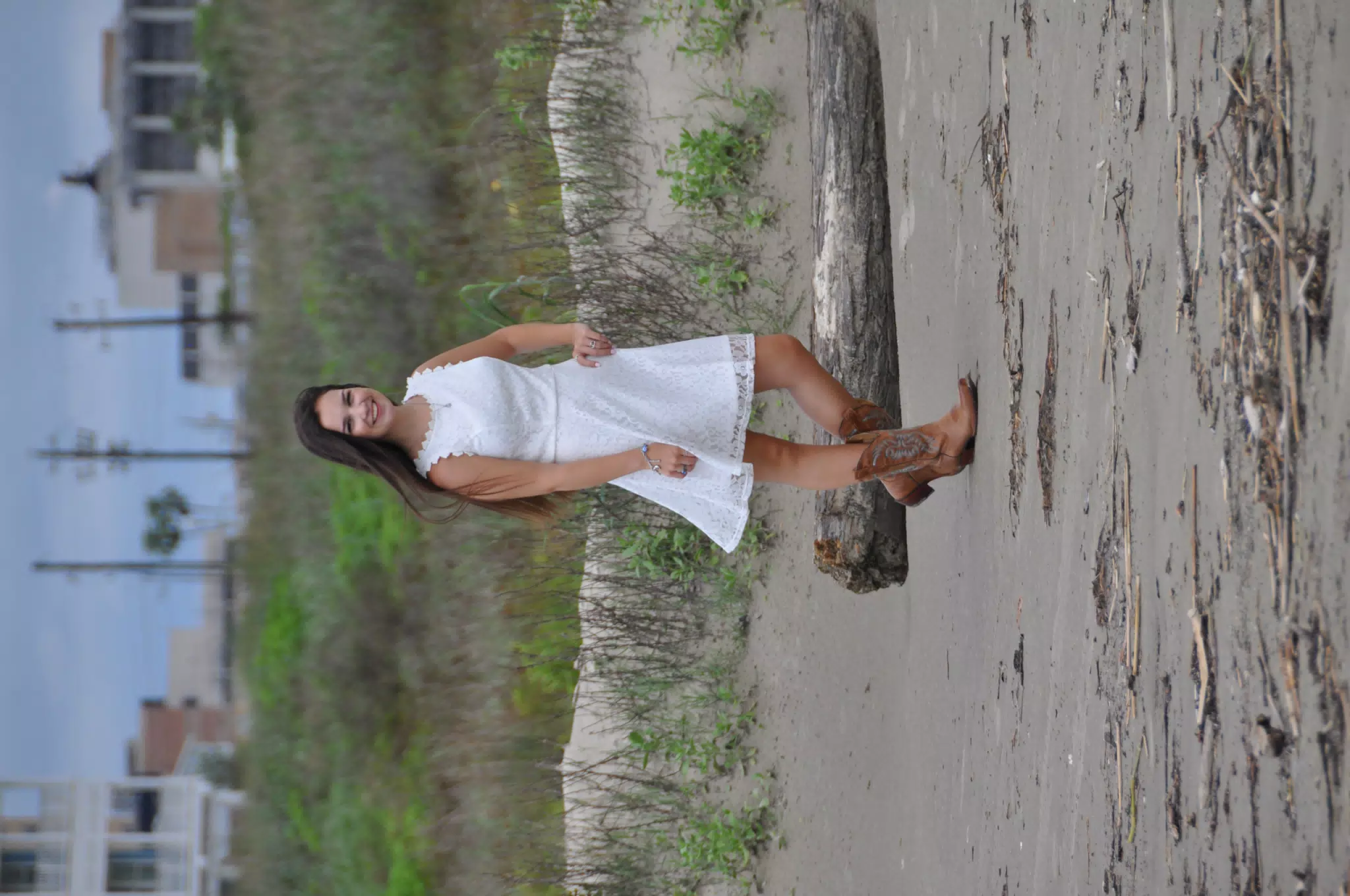 Emily in White Dress on Galveston Beach, Texas