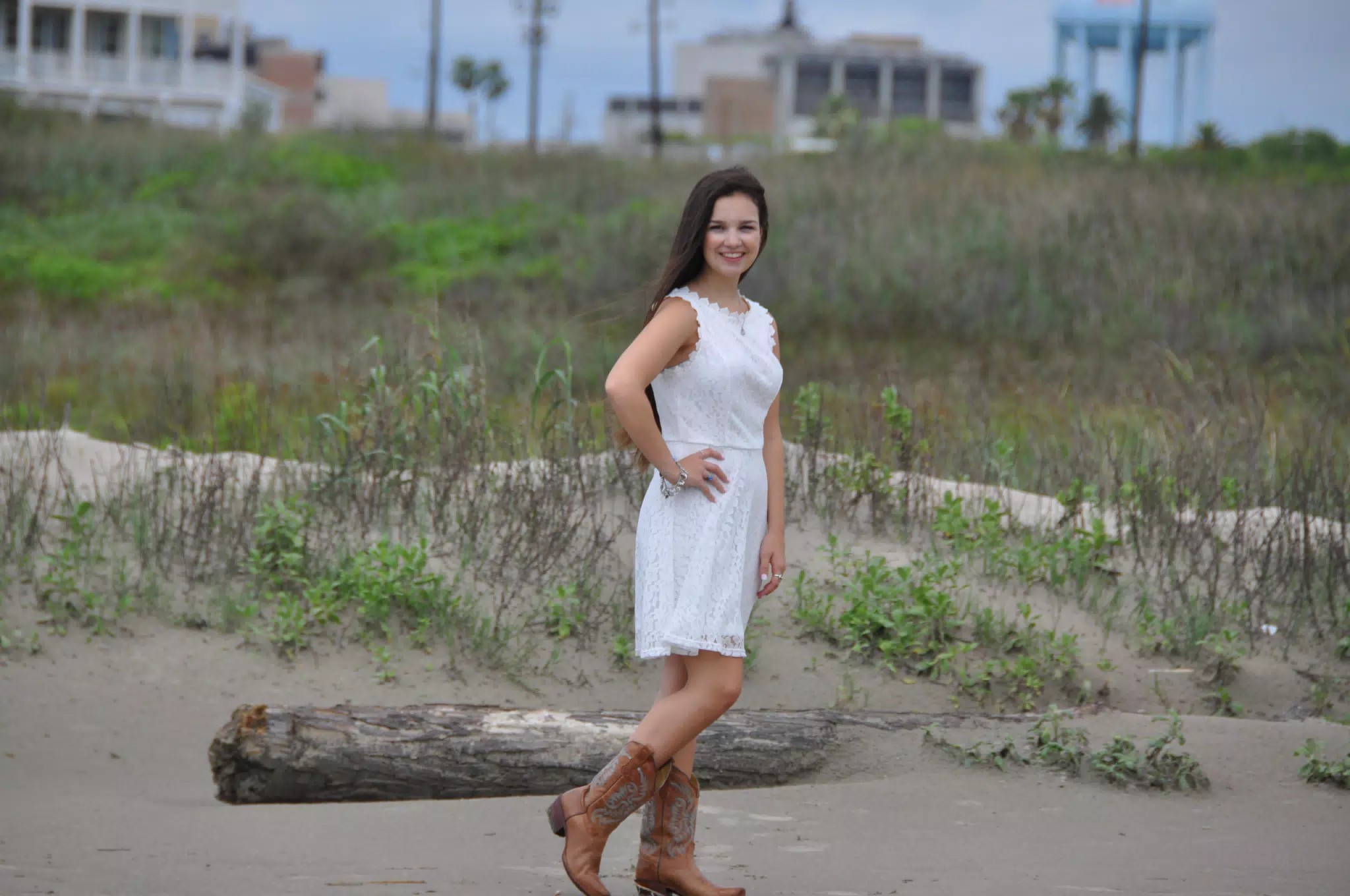 Emily in White Dress on Galveston Beach, Texas