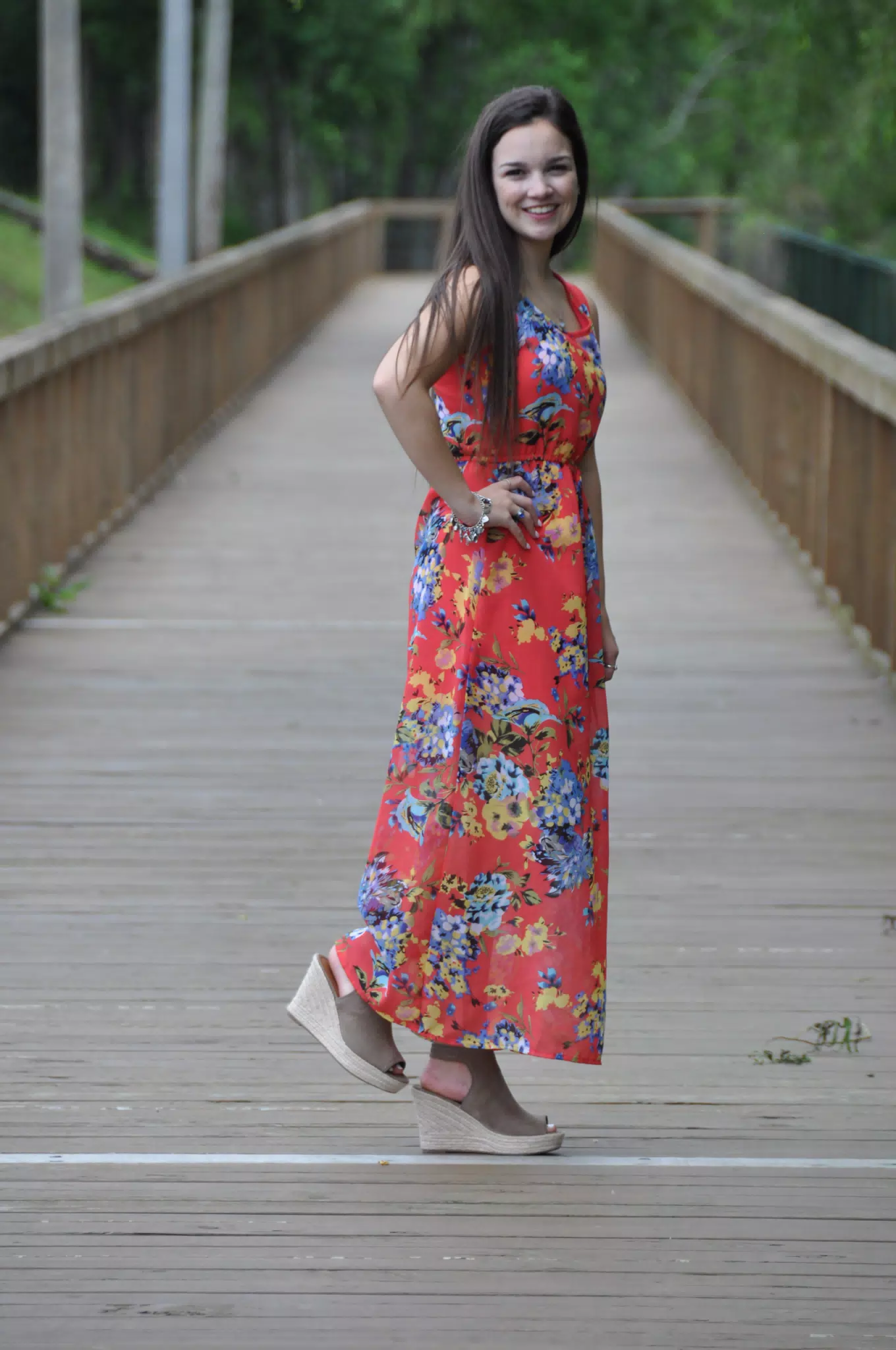 Emily in Red Dress on Boardwalk Modeling in Wedge Heels Teen Brunette