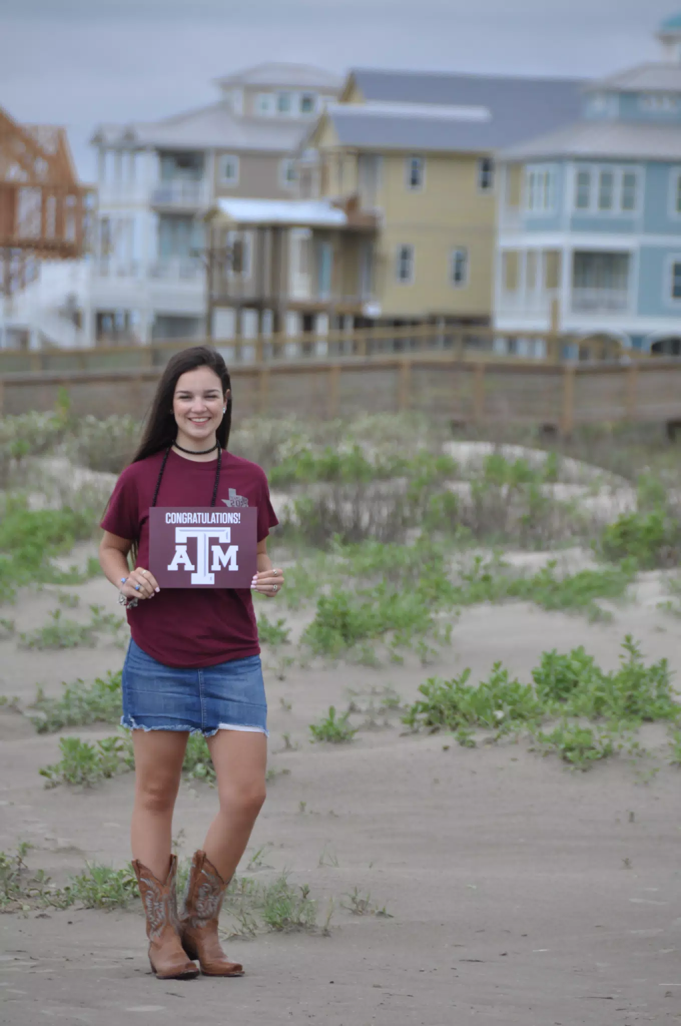 Teen Model on Galveston Beach in Denim Skirt and Boots