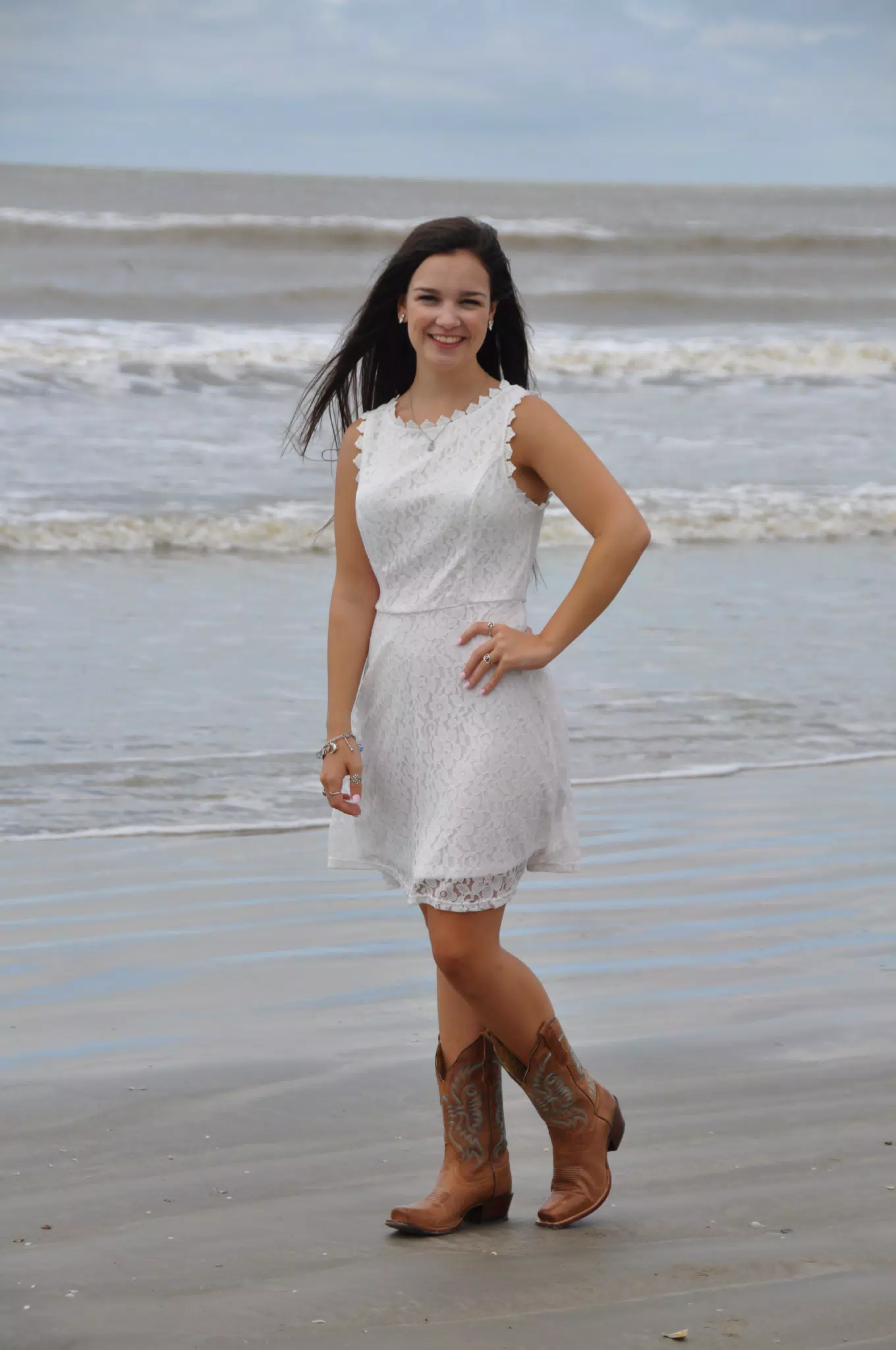 Brunette Teen Model in Cowboy Boots on Galveston Texas Beach in White Dress