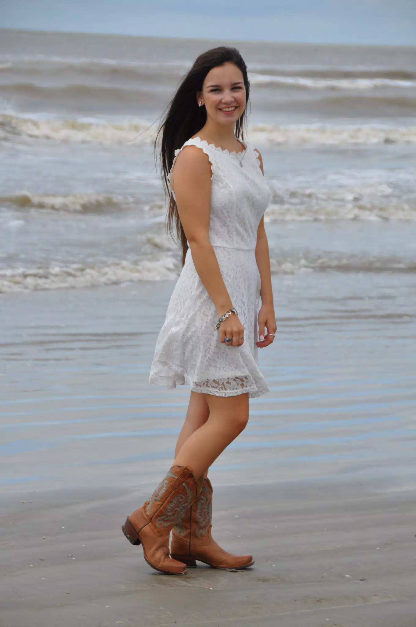 Teen in White Dress on Galveston Beach
