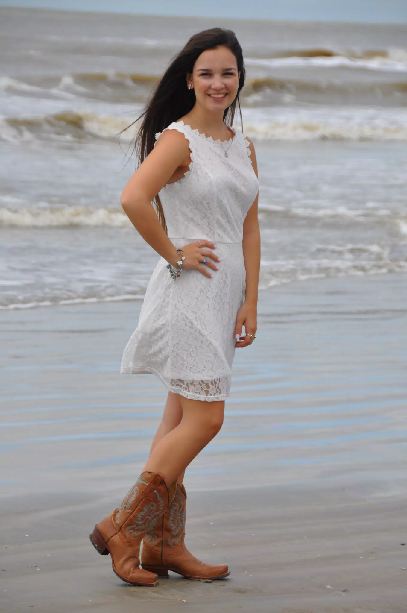 Teen Model in Boots on Beach and White Dress