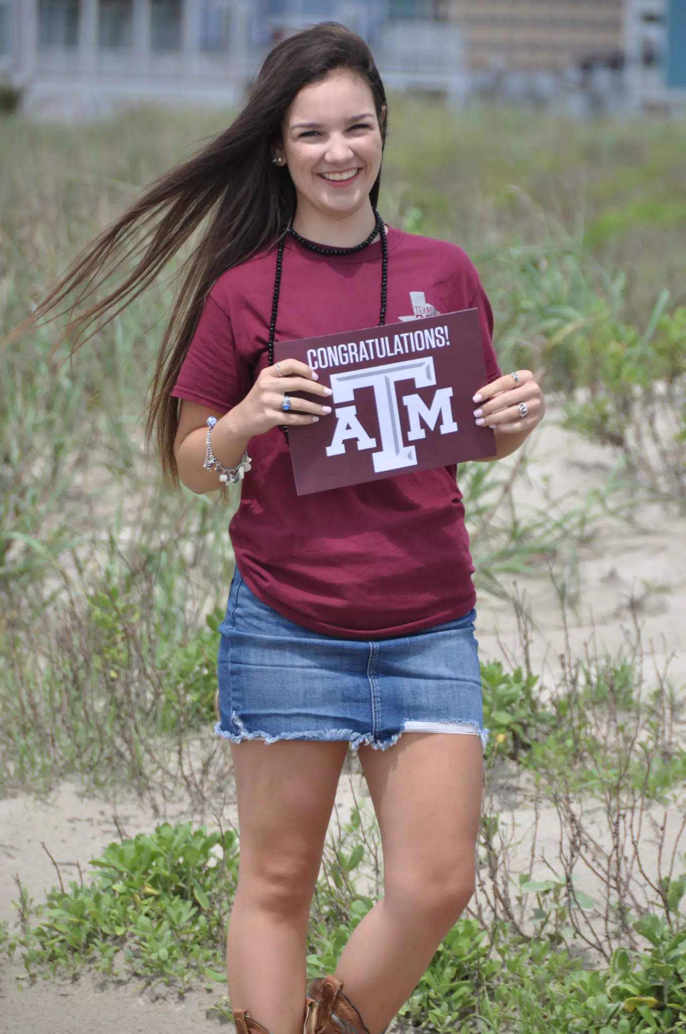 Brunette with Wind Blown Hair on Galveston Beach