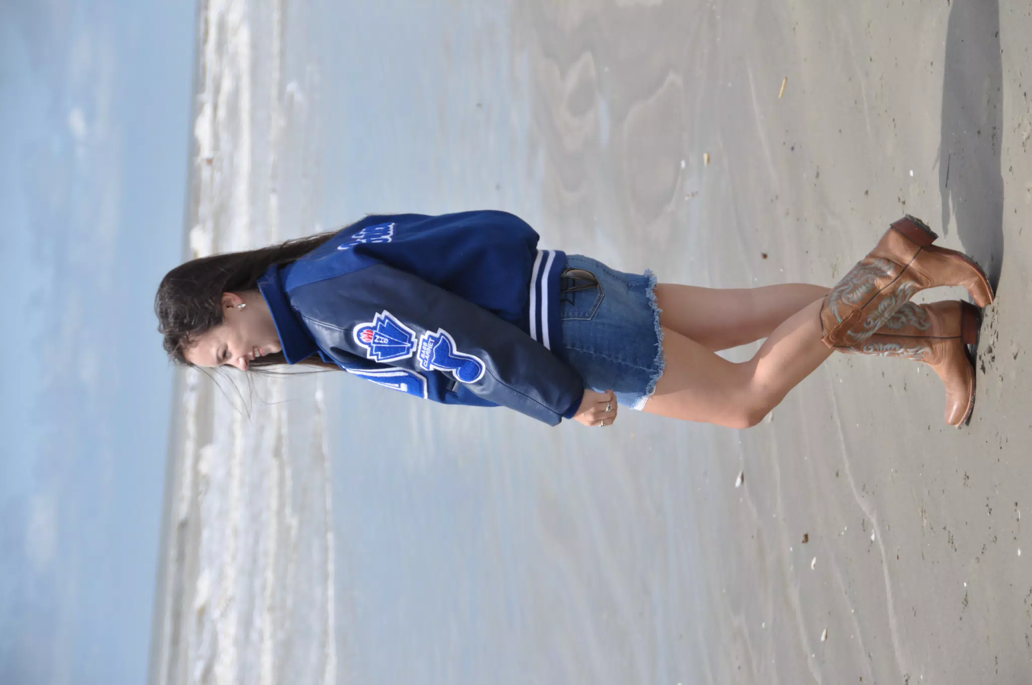 Emily Modeling on Galveston Beach with Cowgirl Boots and Denim Skirt