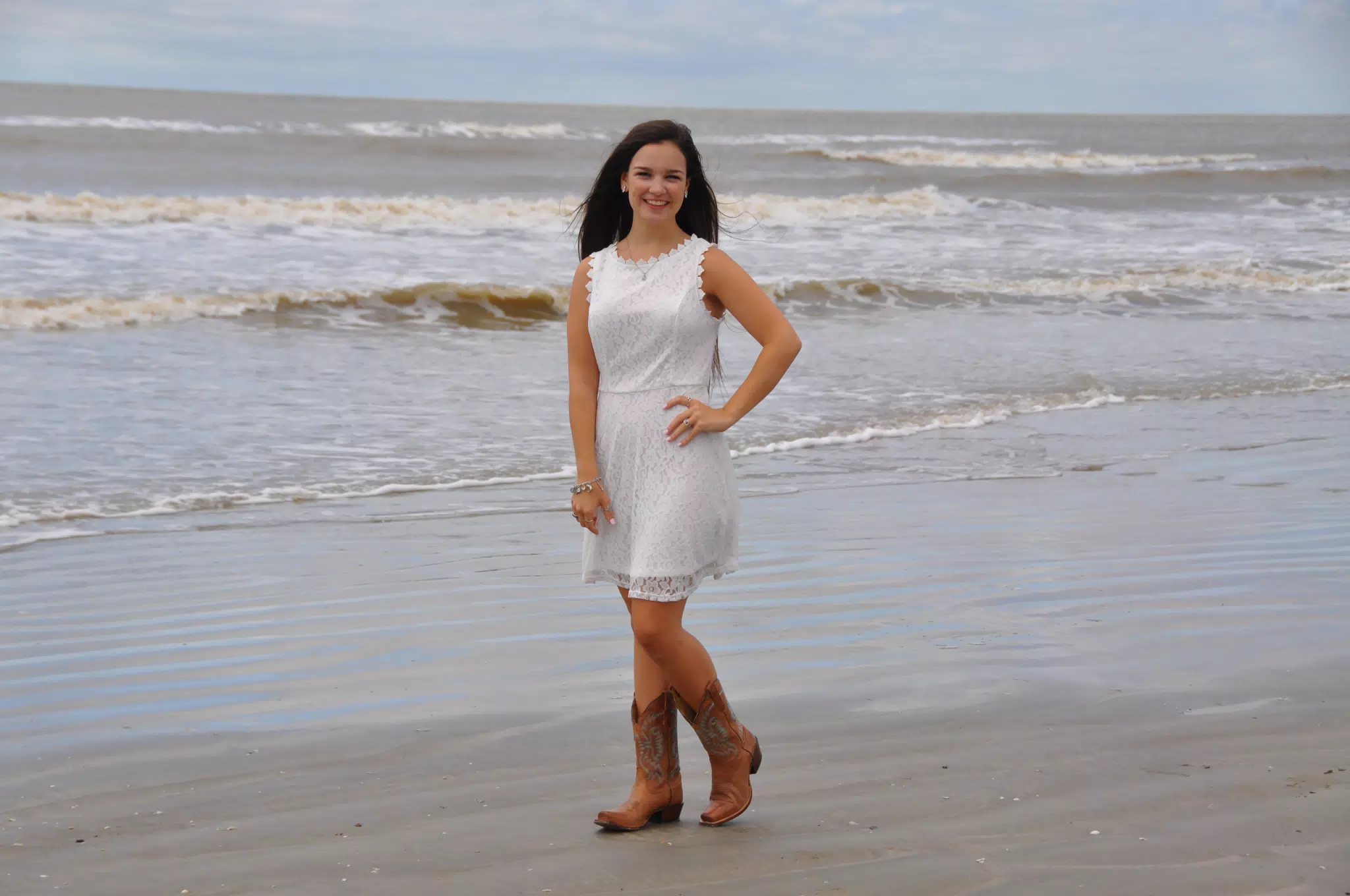 Brunette Teen in White Dress & Cowboy Boots Modeling on Galveston Beach, Gulf of Mexico, Texas